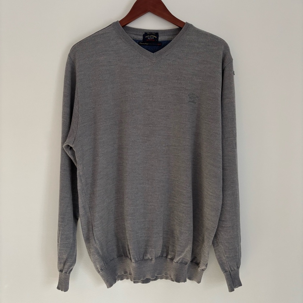 Paul & Shark Mens Gray V-Neck Wool Yachting Sweater XL Made in Italy 1469-C